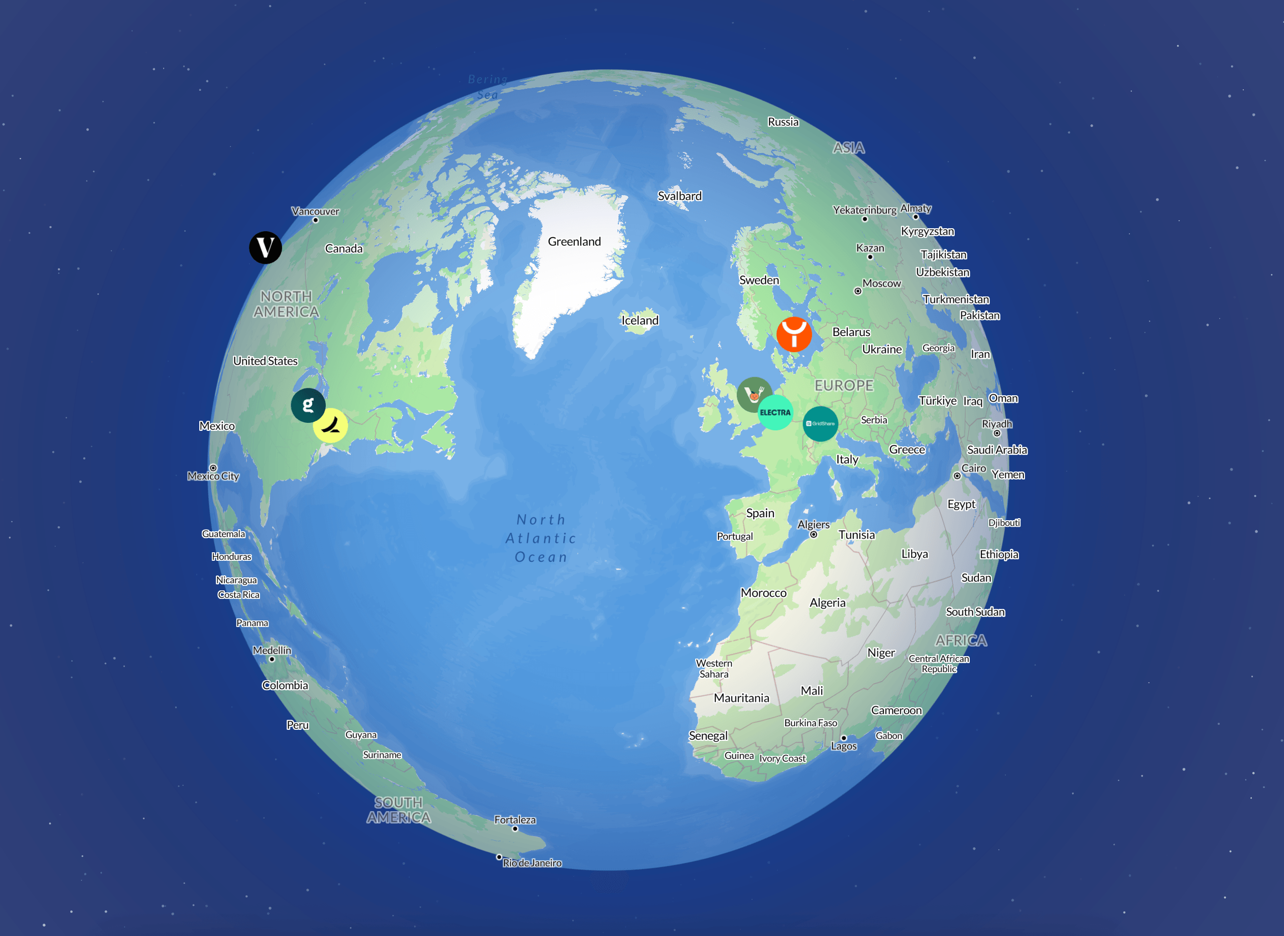 Interactive world map showing startup locations globally